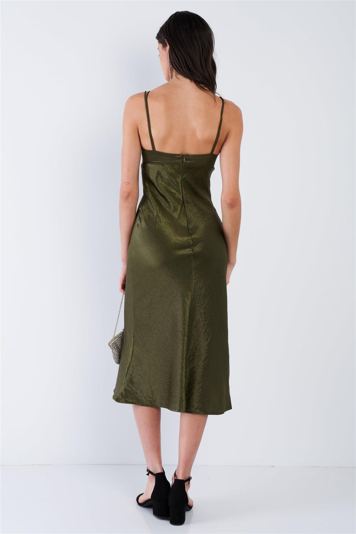 Olive Satin Strappy Center Ruffle Keyhole Midi Summer Dress