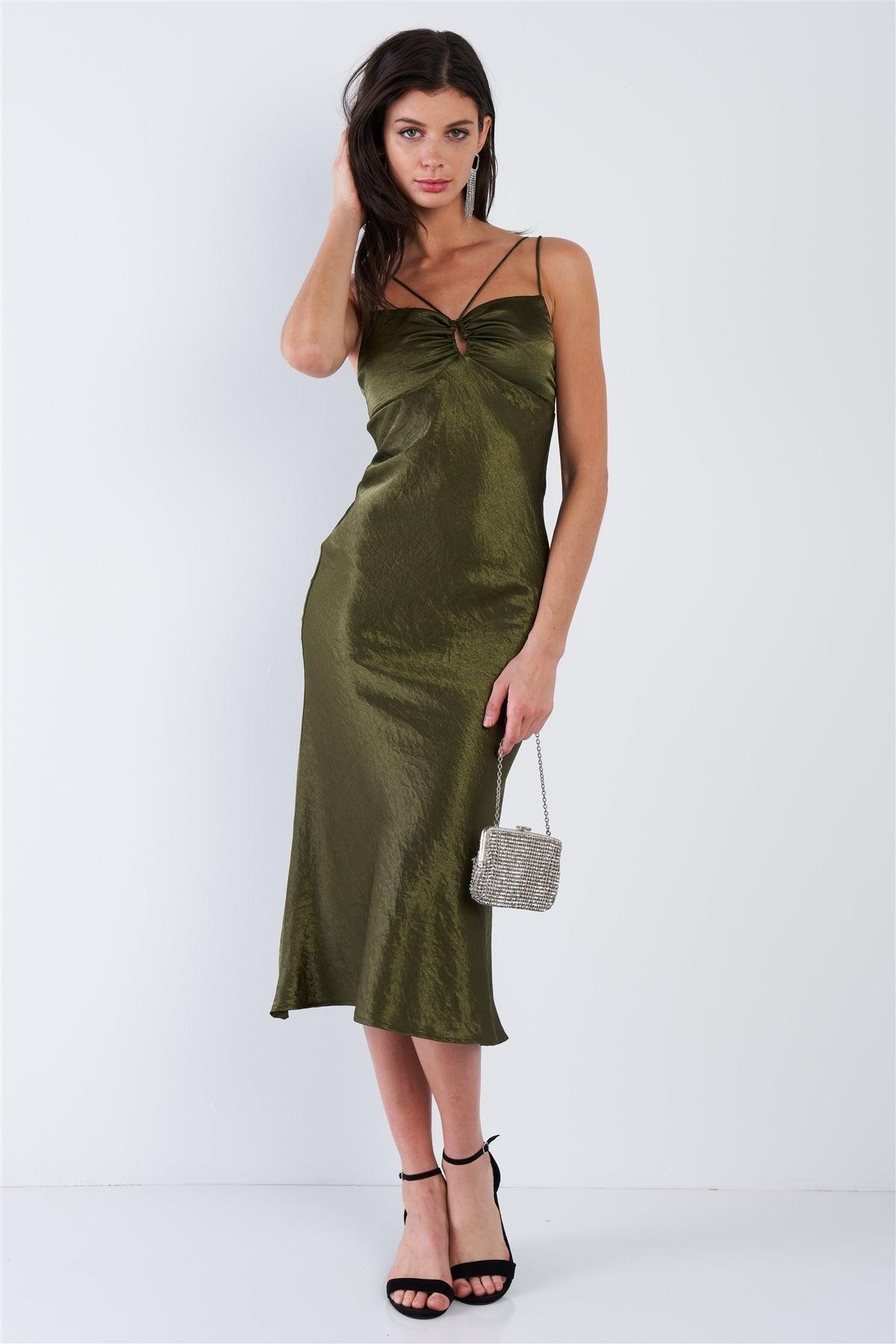 Olive Satin Strappy Center Ruffle Keyhole Midi Summer Dress