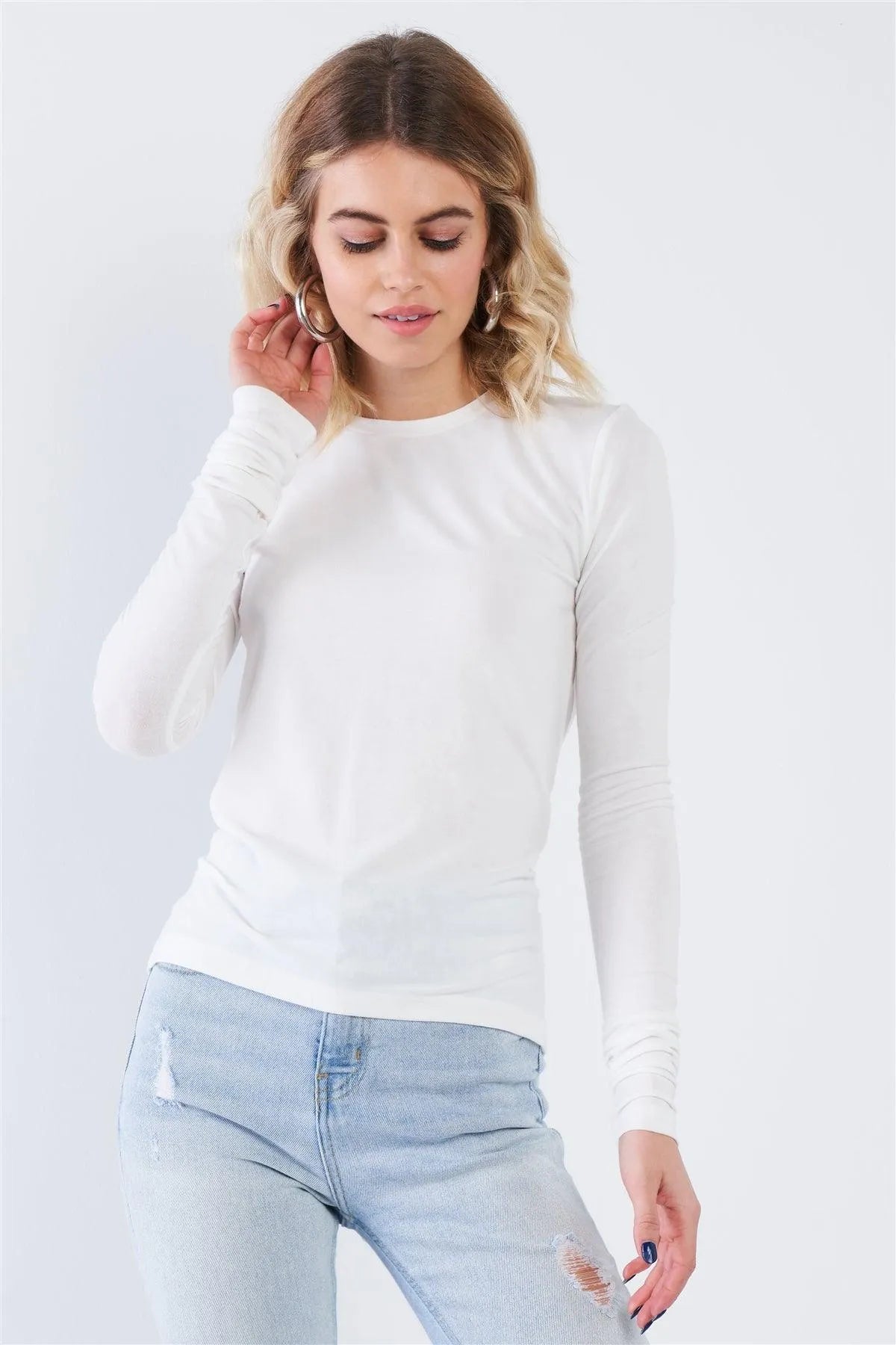 Off-White Open Back Crew Neck Long Sleeve Top /3-2-1 - Tasha Apparel Wholesale