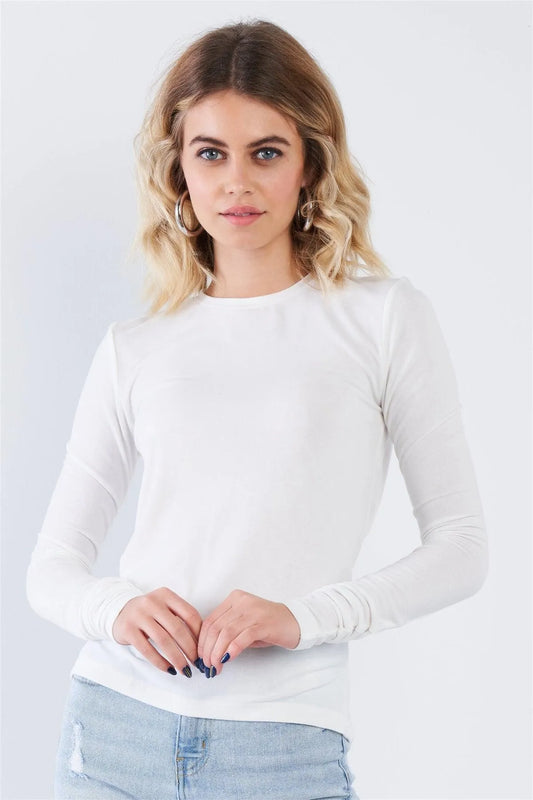 Off-White Open Back Crew Neck Long Sleeve Top - Tasha Apparel Wholesale
