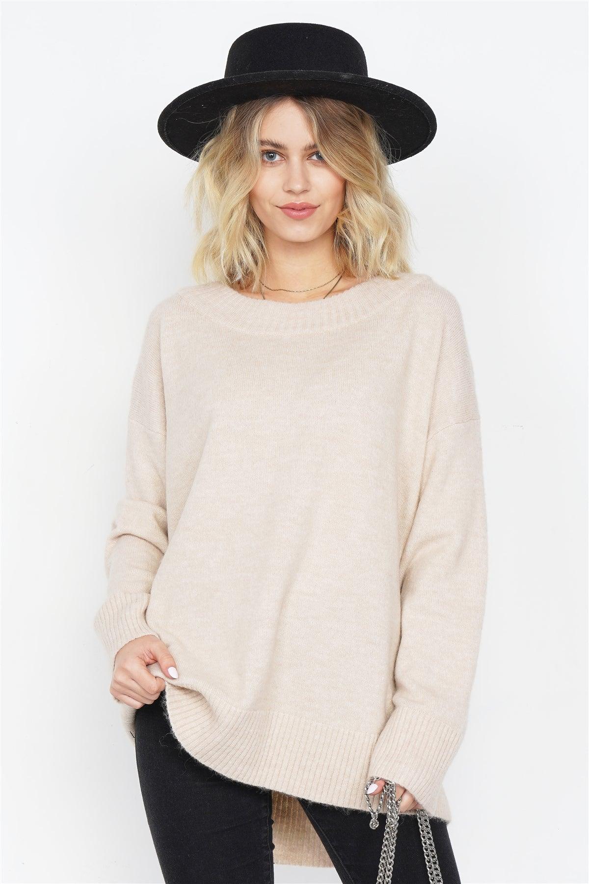 Beige Solid Wool Chic Oversized Ribbed Hem Scoop Neck Sweater /4-2