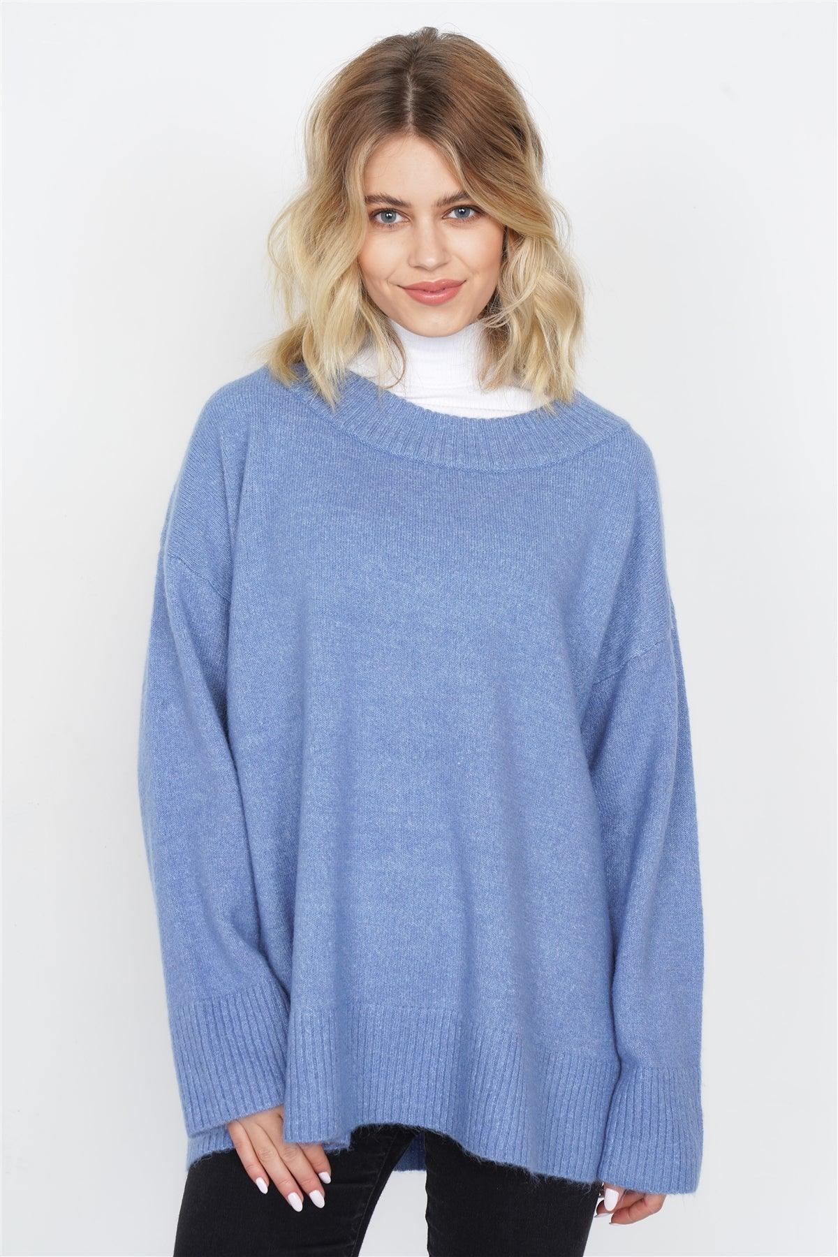 Blue Solid Wool Chic Oversized Ribbed Hem Scoop Neck Sweater /4-2