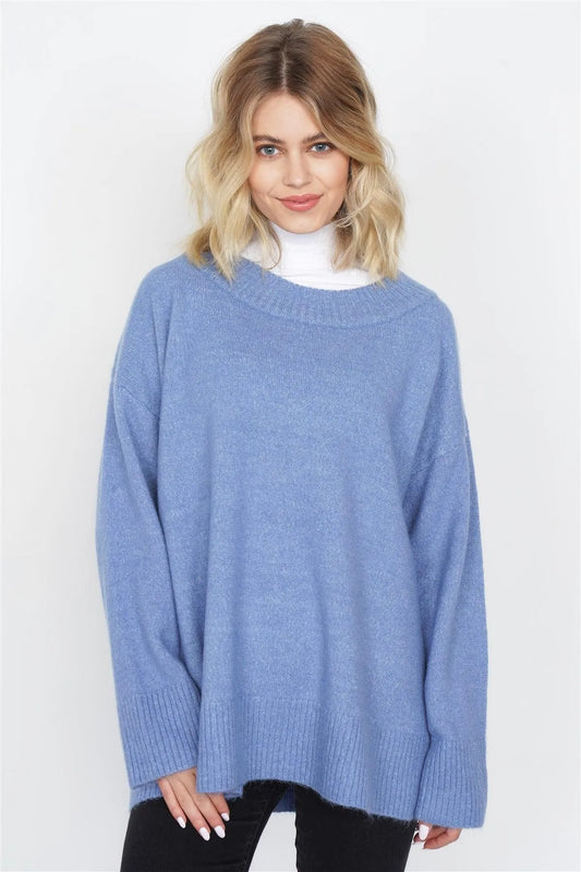 Blue Solid Wool Chic Oversized Ribbed Hem Scoop Neck Sweater /4-2 - Tasha Apparel Wholesale