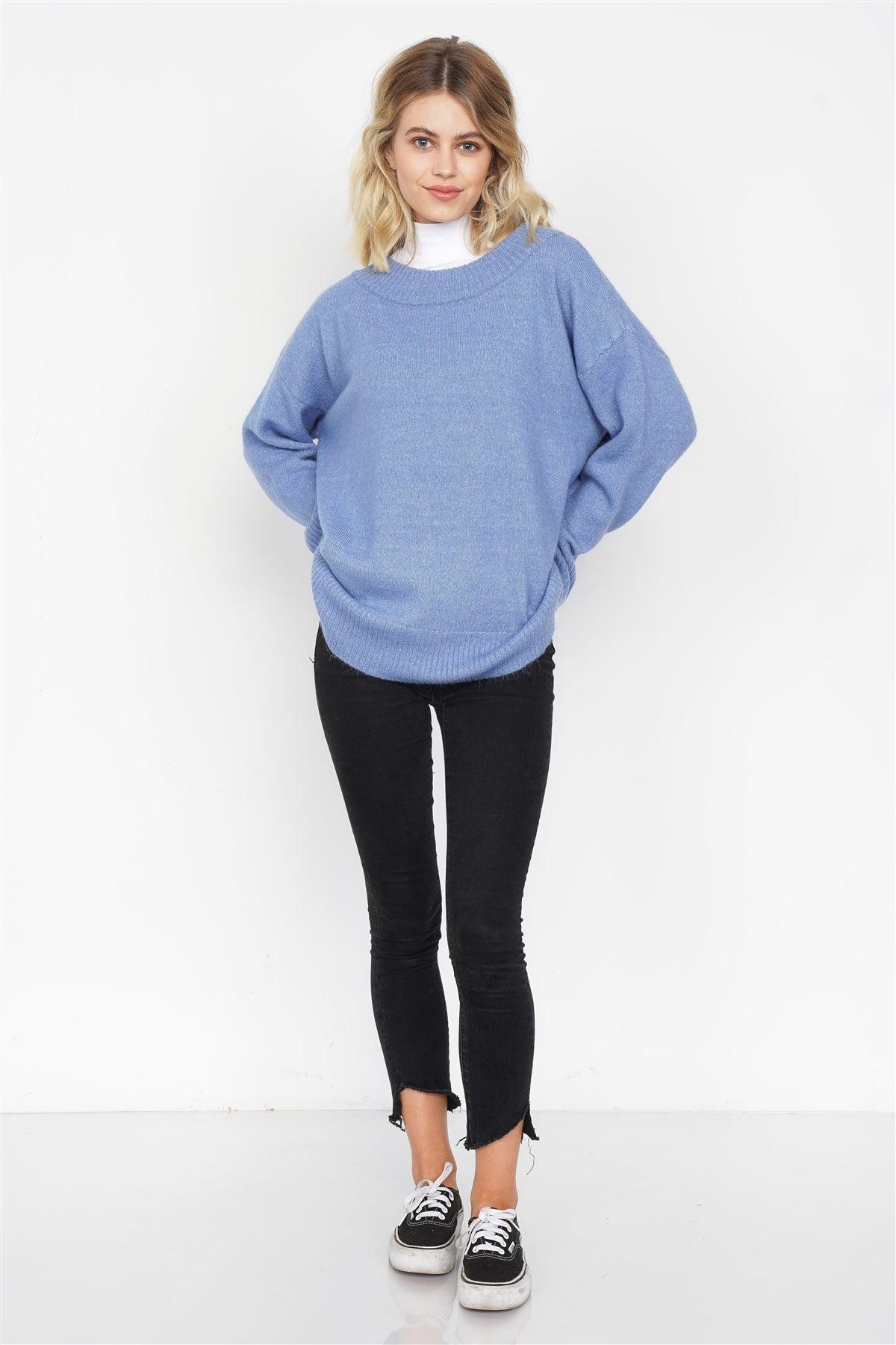 Blue Solid Wool Chic Oversized Ribbed Hem Scoop Neck Sweater /4-2