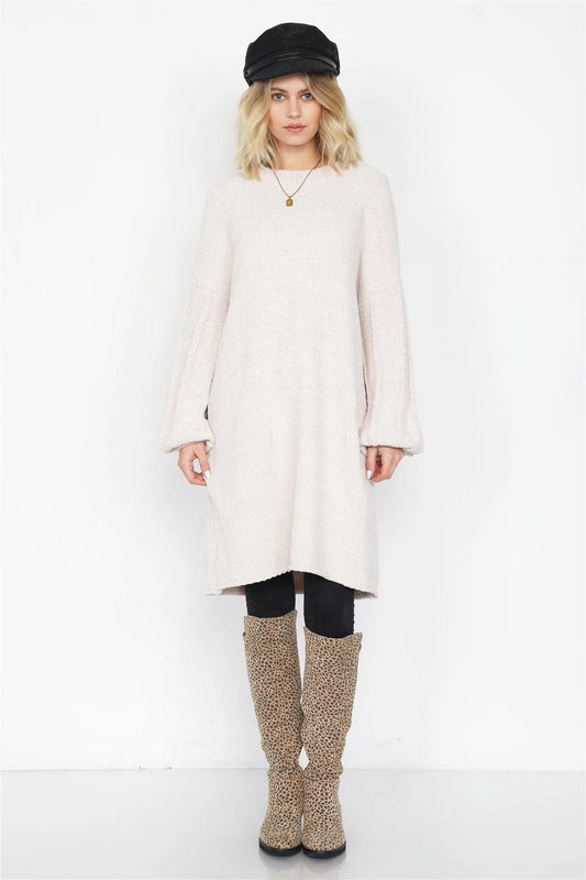 Bone Knit Plush Velvet Puff Sleeve Sweater Mini Dress /3-2-1 - Tasha Apparel Wholesale