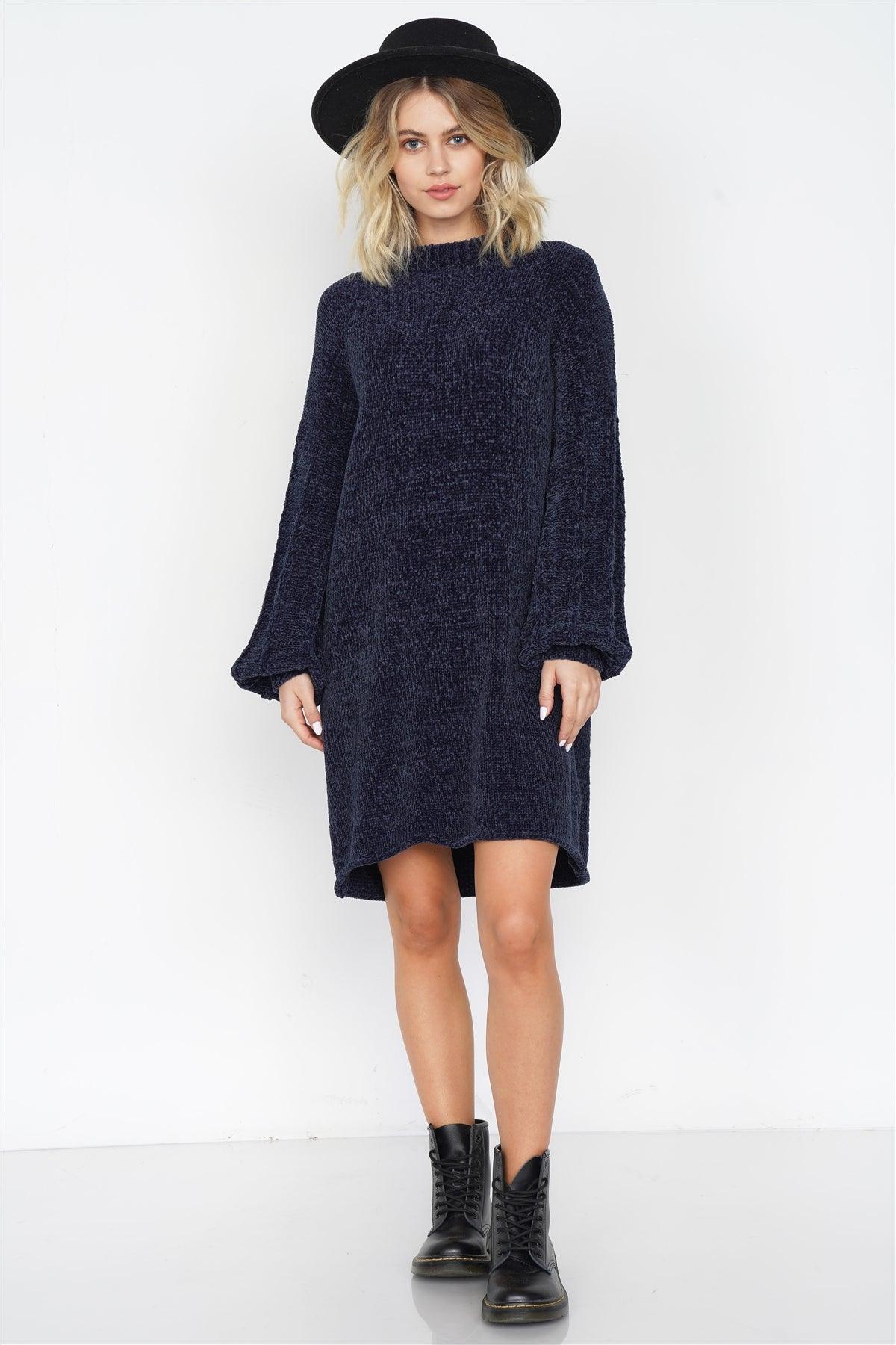 Navy Knit Plush Velvet Puff Sleeve Sweater Mini Dress /3-2-1