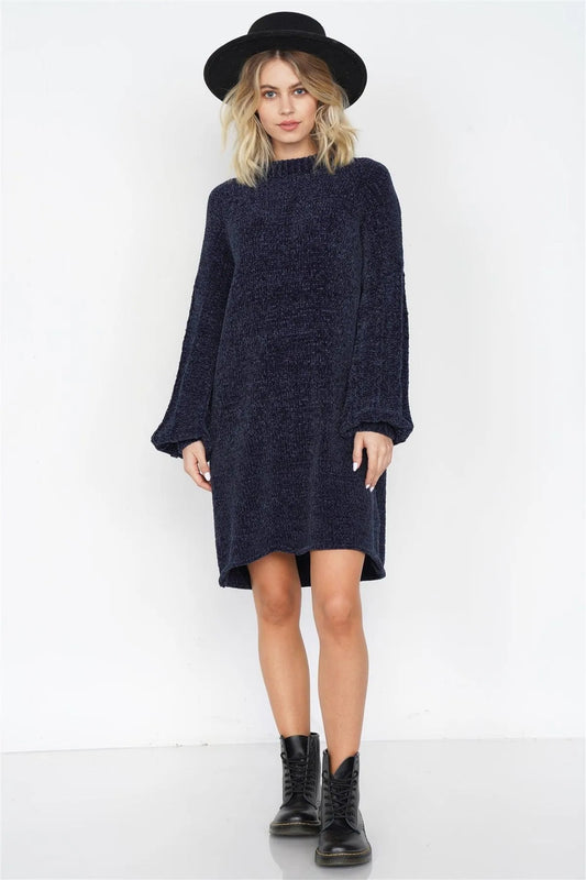Navy Knit Plush Velvet Puff Sleeve Sweater Mini Dress /3-2-1 - Tasha Apparel Wholesale