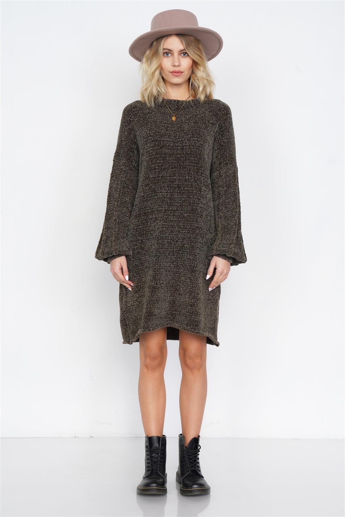 Olive Knit Plush Velvet Puff Sleeve Sweater Mini Dress /3-2-1