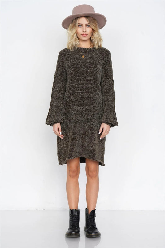Olive Knit Plush Velvet Puff Sleeve Sweater Mini Dress /3-2-1 - Tasha Apparel Wholesale