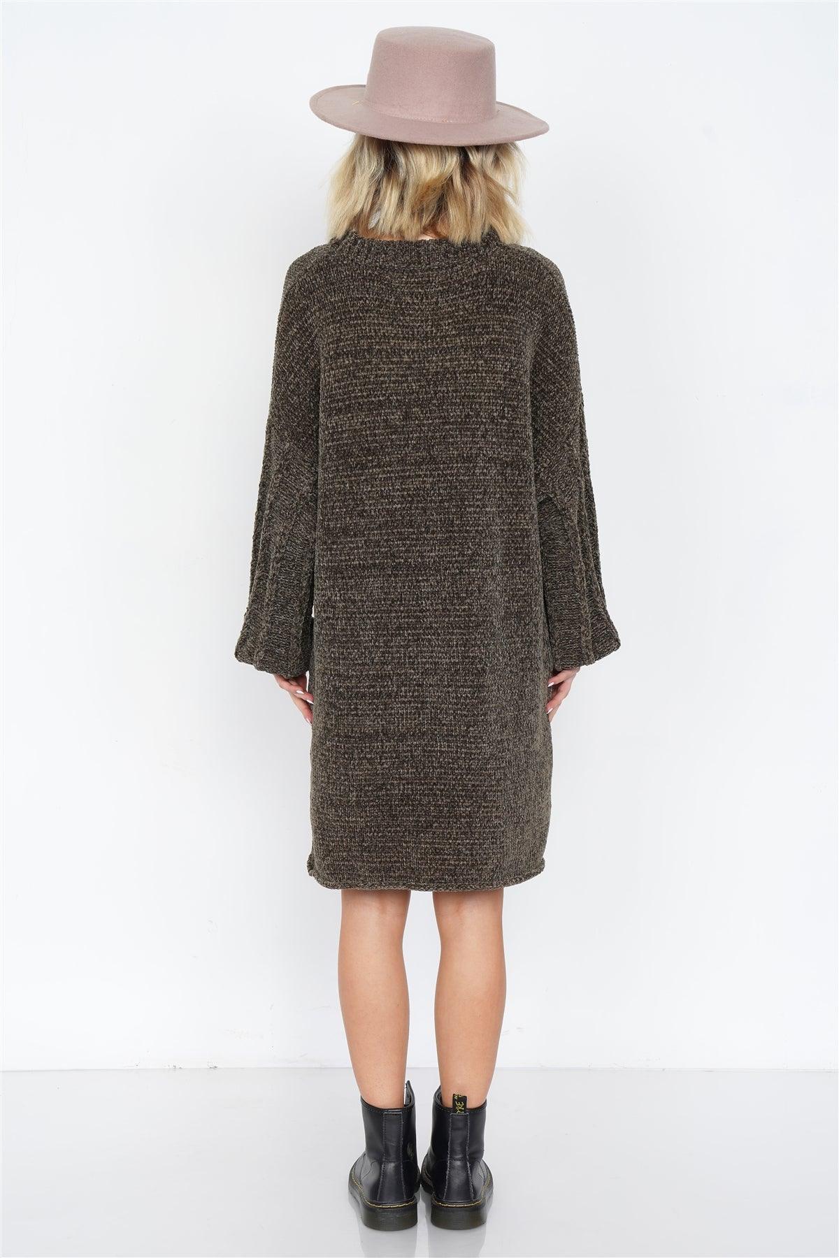 Olive Knit Plush Velvet Puff Sleeve Sweater Mini Dress /3-2-1