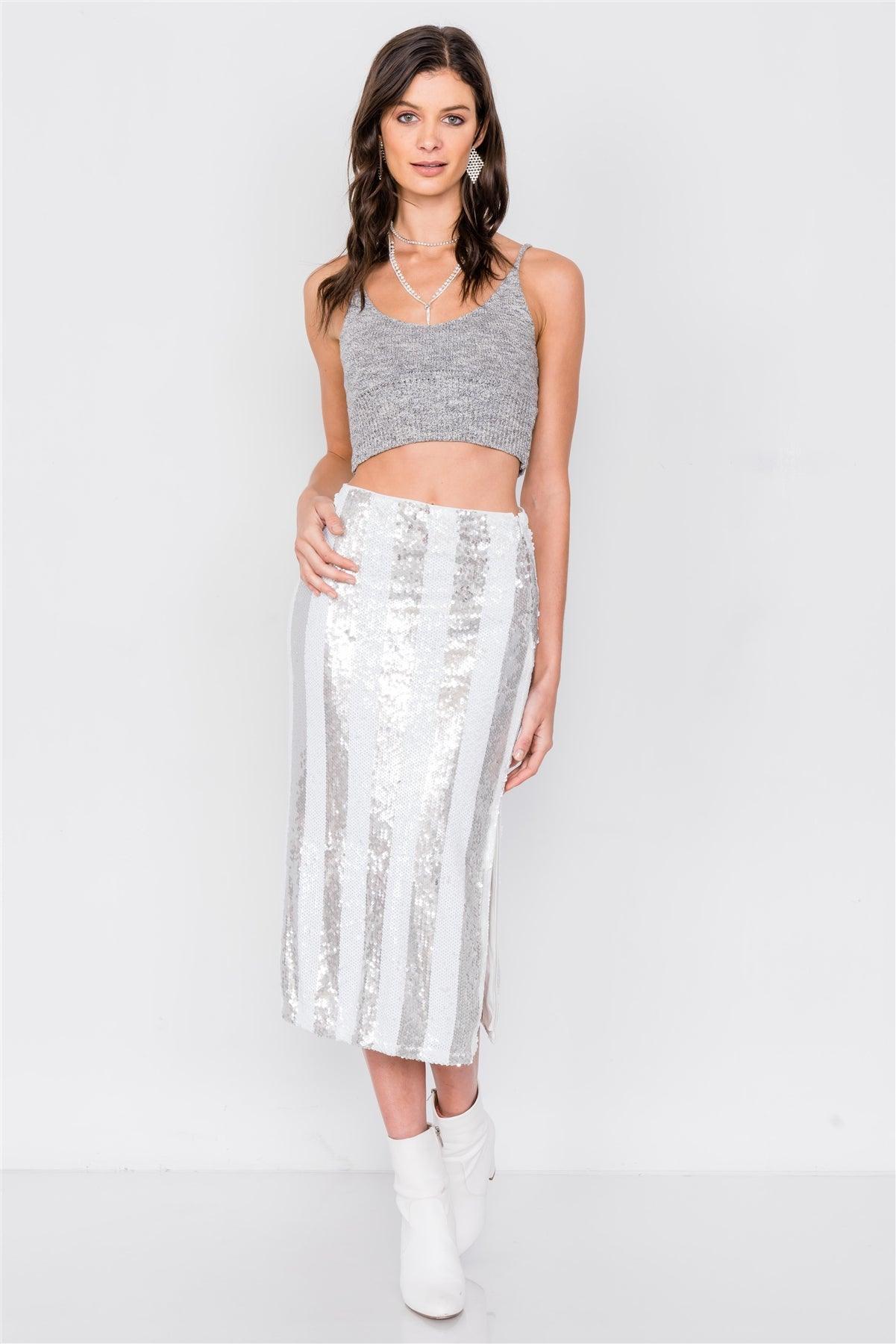 White & Silver Stripe Sequin Side Slit High Waist Midi Skirt /3-2-1