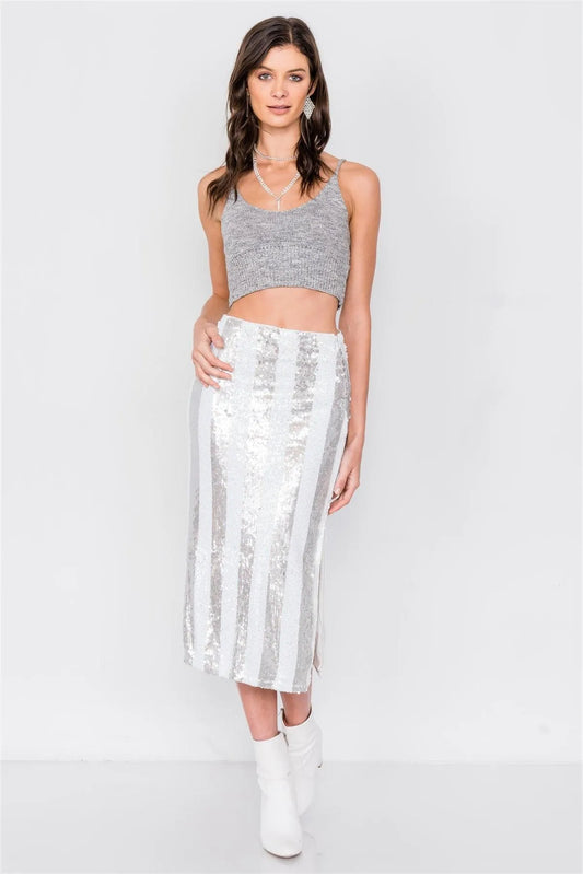 White & Silver Stripe Sequin Side Slit High Waist Midi Skirt /3-2-1 - Tasha Apparel Wholesale