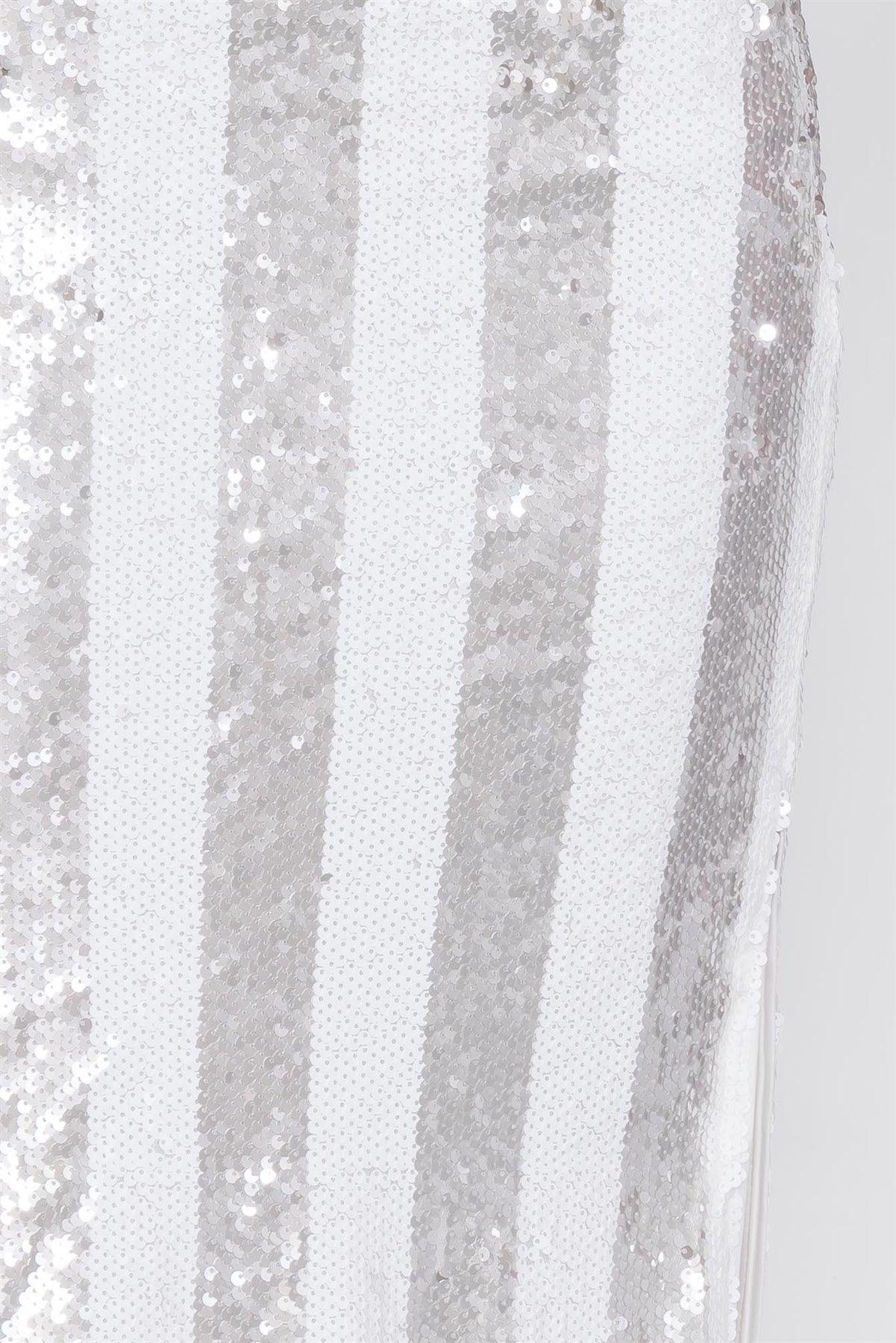 White & Silver Stripe Sequin Side Slit High Waist Midi Skirt /3-2-1