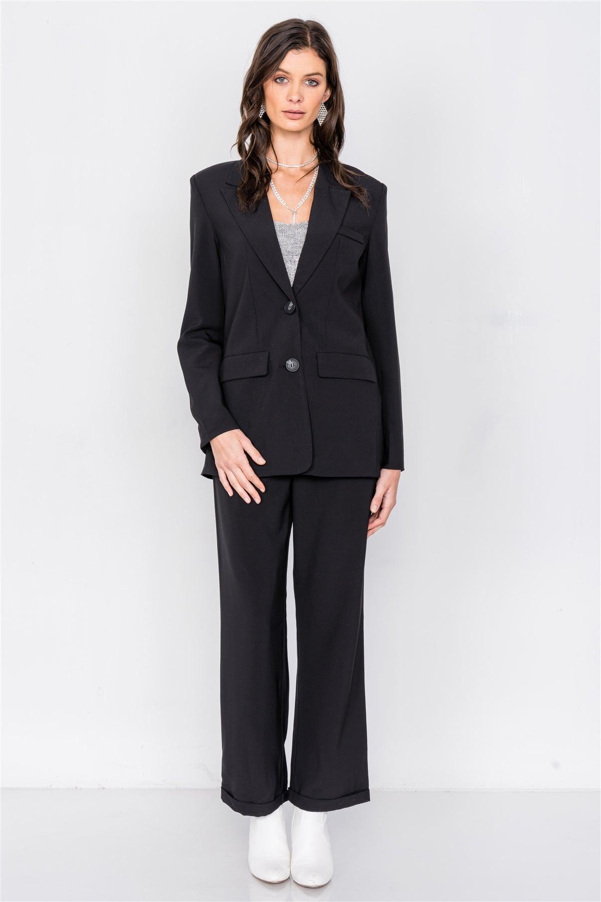 Black Fitted Blazer Office Chic High-Waist Ankle Pant Set /2-1-1
