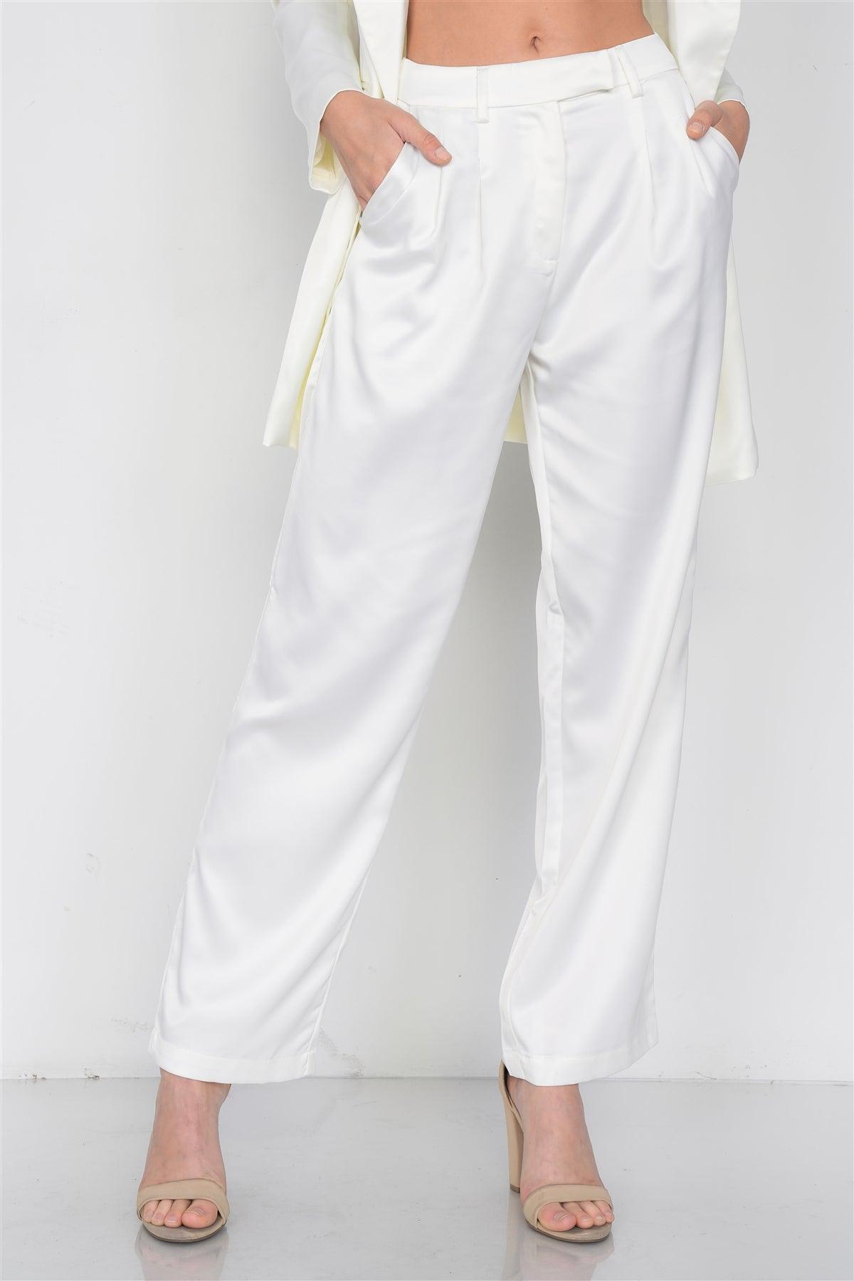 Ivory Silk Boyfriend Blazer & Chic High-Waist Pleated Ankle Pant Set   /3-2-1