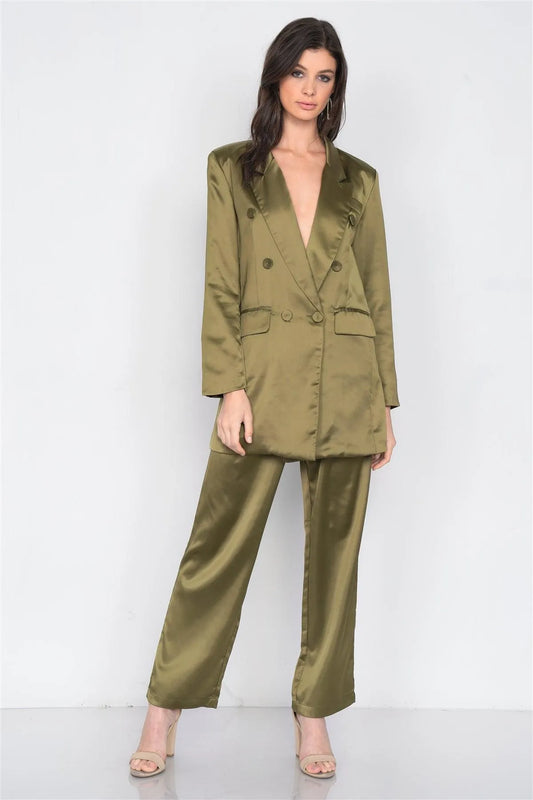 Olive Silk Boyfriend Blazer & Chic High-Waist Pleated Ankle Pant Set /3-2-1 - Tasha Apparel Wholesale