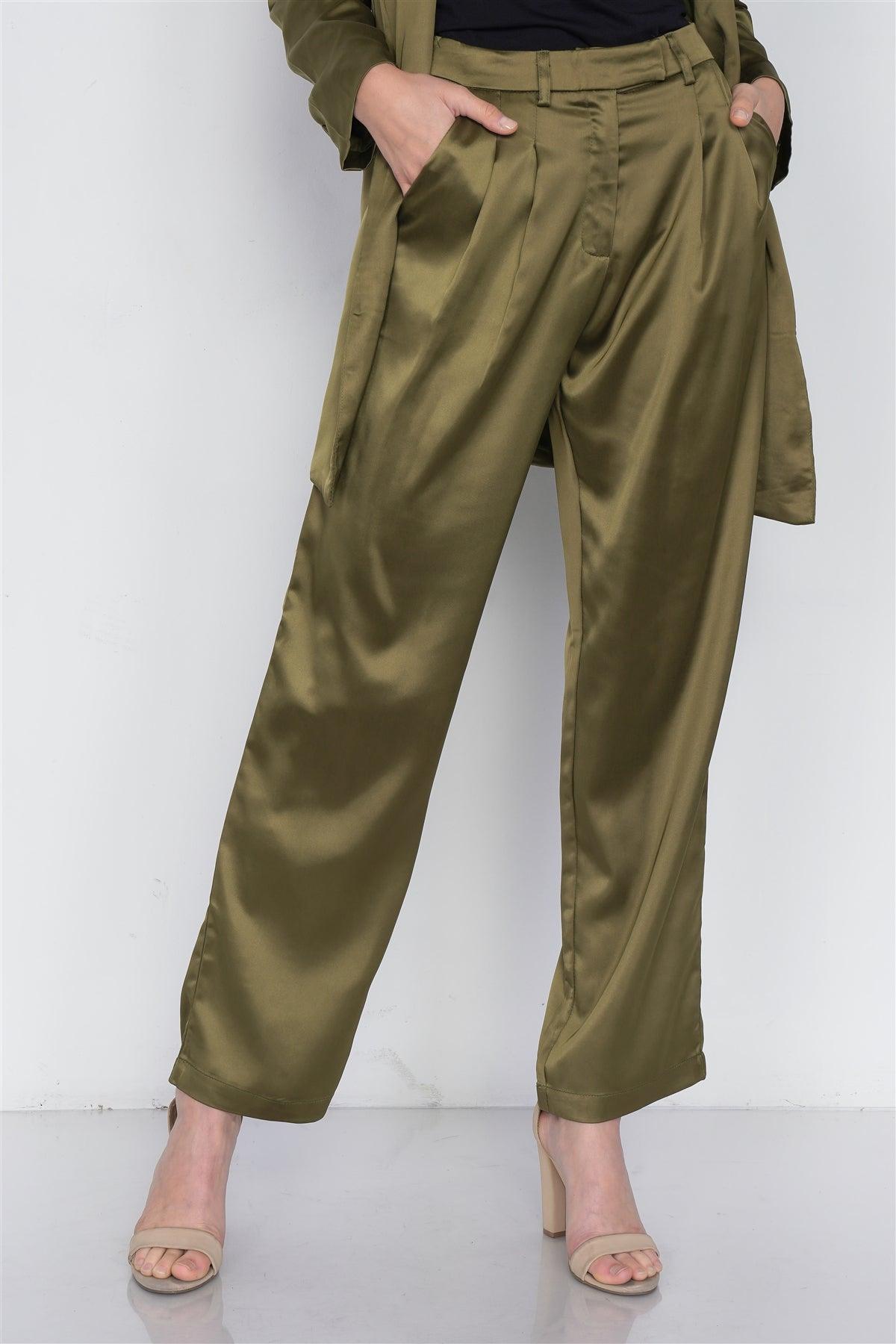 Olive Silk Boyfriend Blazer & Chic High-Waist Pleated Ankle Pant Set