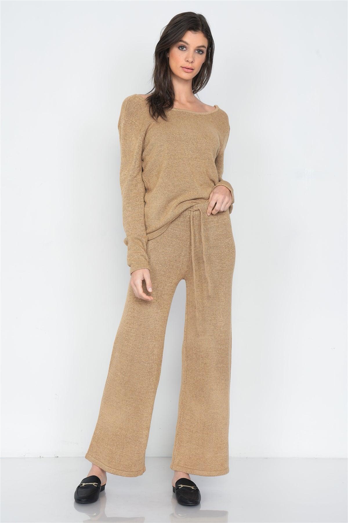 Beige Knit V-Neck Relaxed Fit Sweater & Flare Leg Pant Set   /3-2-1