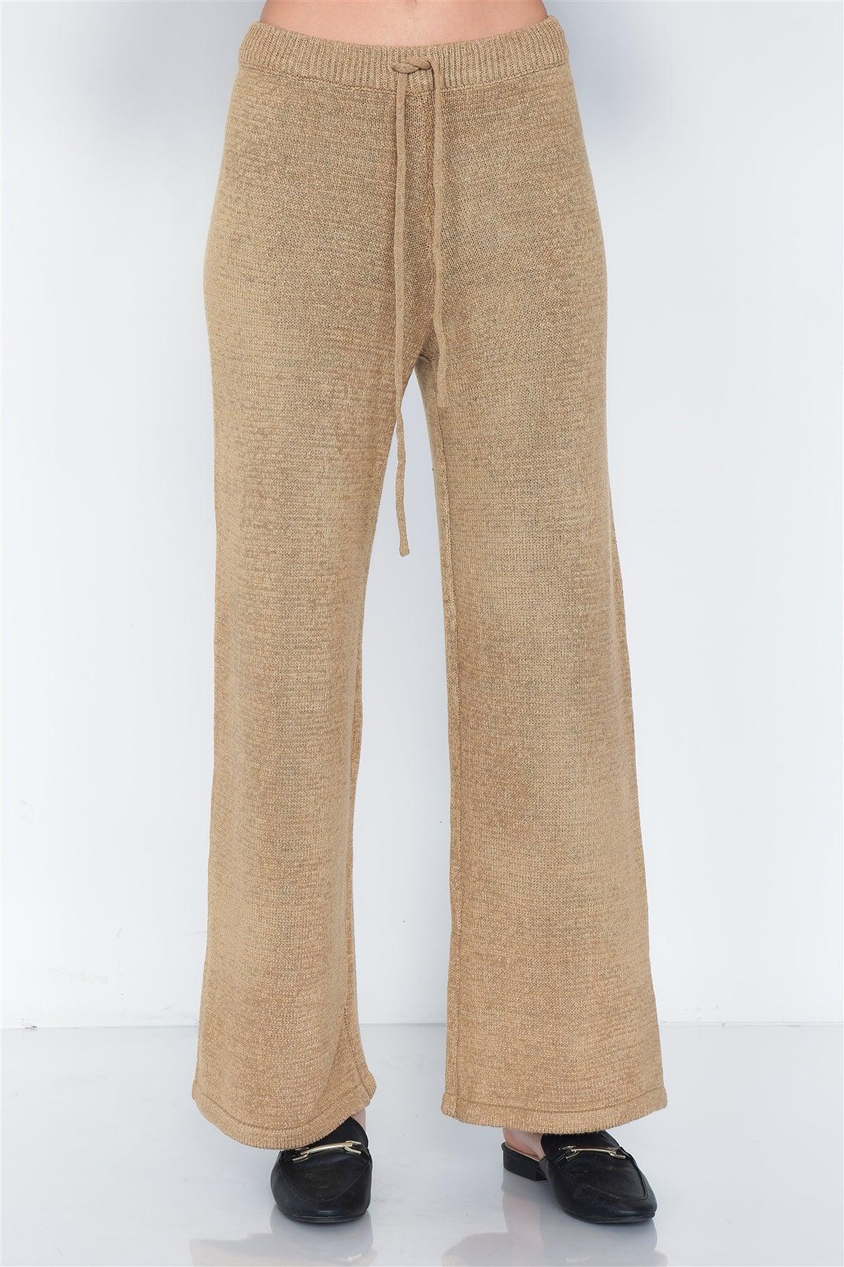 Beige Knit V-Neck Relaxed Fit Sweater & Flare Leg Pant Set   /3-2-1