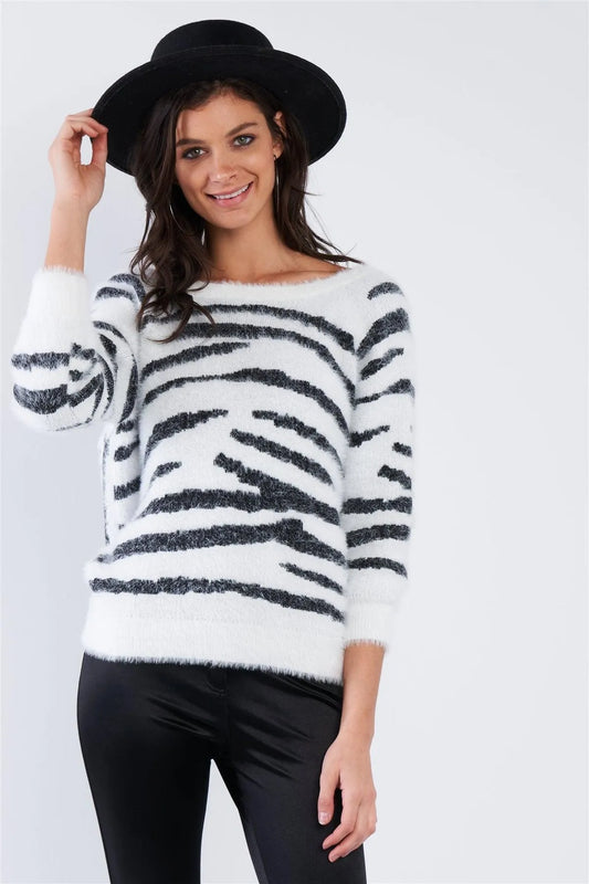 Zebra Hairy Open V-Neck Back Roll Knot Chic Sweater /3-2-1 - Tasha Apparel Wholesale