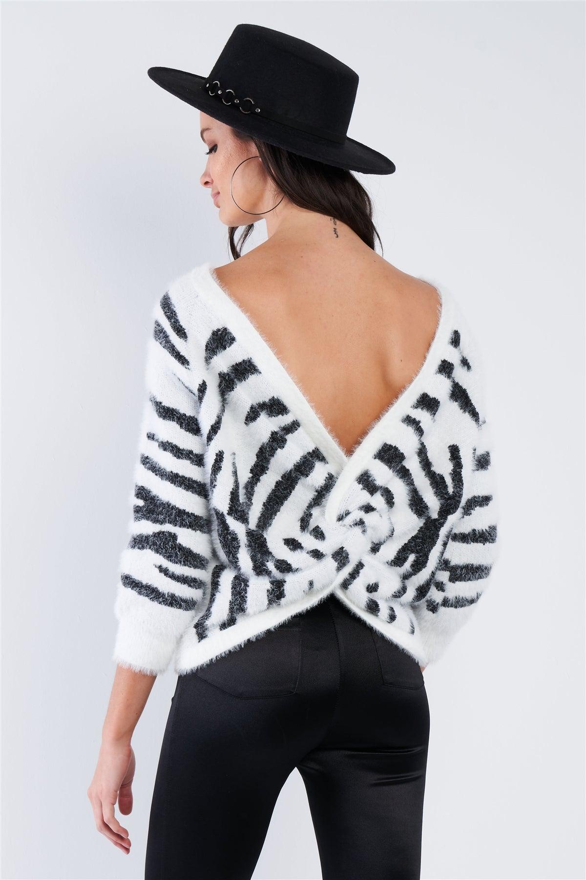 Zebra Hairy Open V-Neck Back Roll Knot Chic Sweater  /3-2-1
