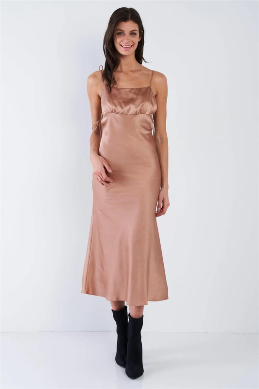 Mocha Brown Silk Scoop Neck Side Cut Out Midi Summer Dress /3-2-1 - Tasha Apparel Wholesale