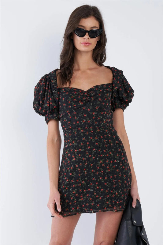 Black Boho Floral Mini Sheer Vintage Puff Sleeve Dress /3-2-1 - Tasha Apparel Wholesale