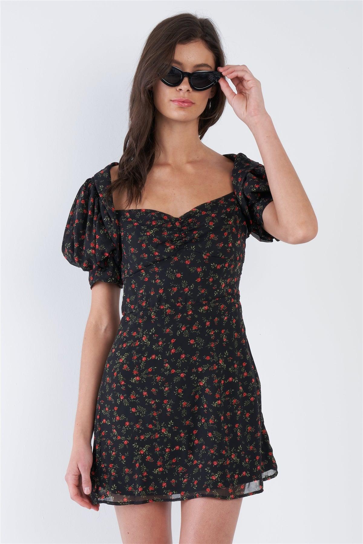 Black Boho Floral Mini Sheer Vintage Puff Sleeve Dress /3-2-1
