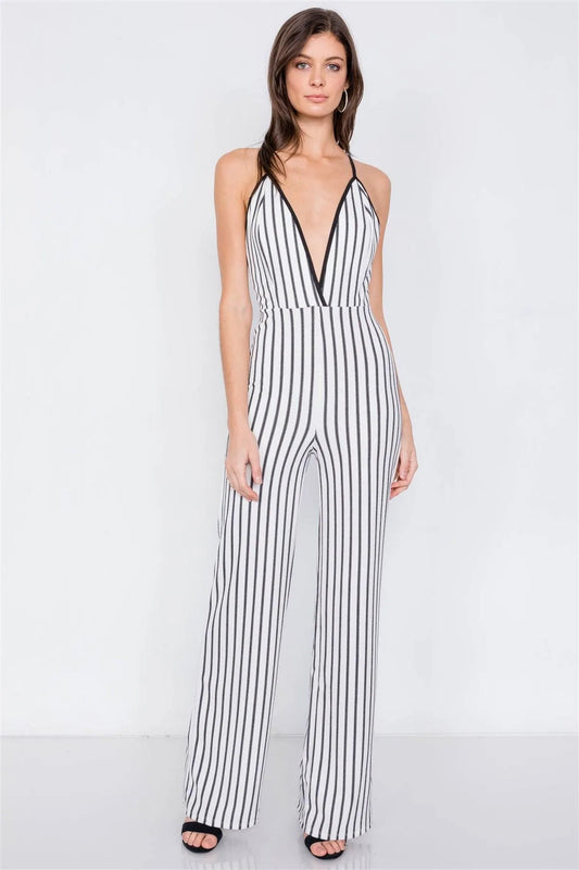 White & Black Trim Stripe V-Neck Criss-Cross Strap Back Jumpsuit /1-1-2-1-1 - Tasha Apparel Wholesale