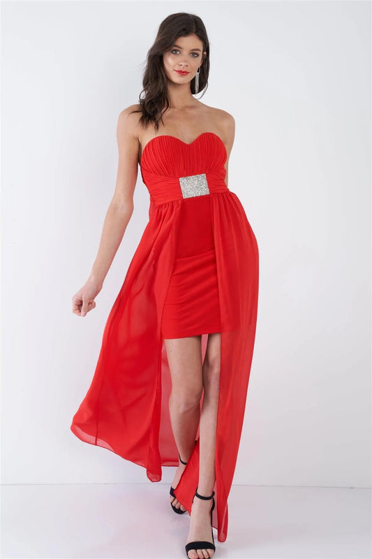 Red Sleeveless Sweetheart Sheer Mock Cape Classic Mini Dress /2-2-2 - Tasha Apparel Wholesale