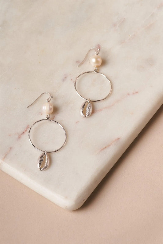 Pearl Silver Cowrie Shell Hoop Drop Earrings /3 Pairs - Tasha Apparel Wholesale