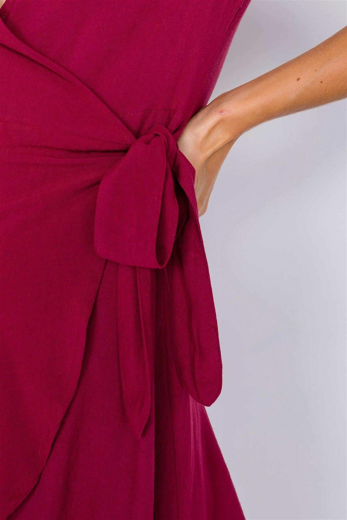 Burgundy Cotton Wrap Bow Cap Short Sleeve Mini Casual Dress /2-2-2