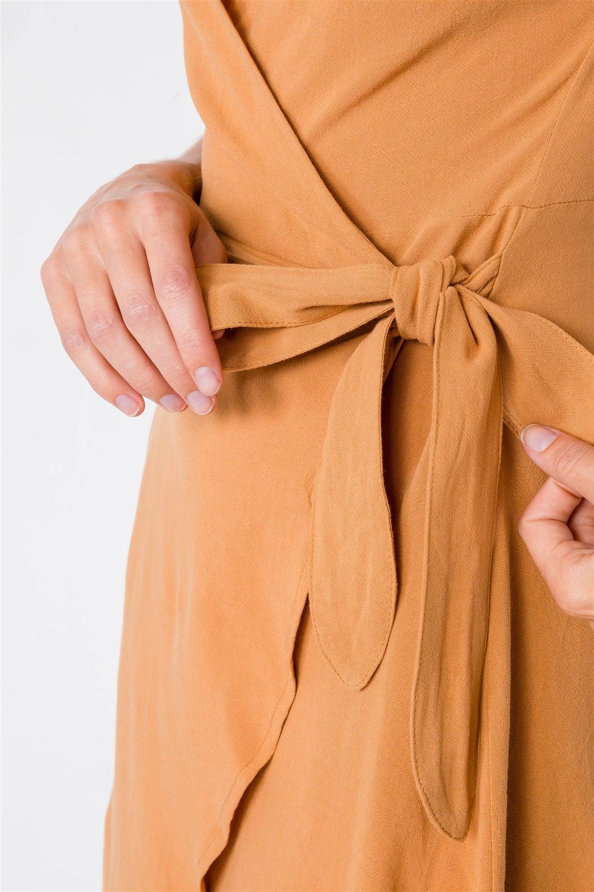 Mustard Cotton Wrap Bow Cap Short Sleeve Mini Casual Dress /2-2-2