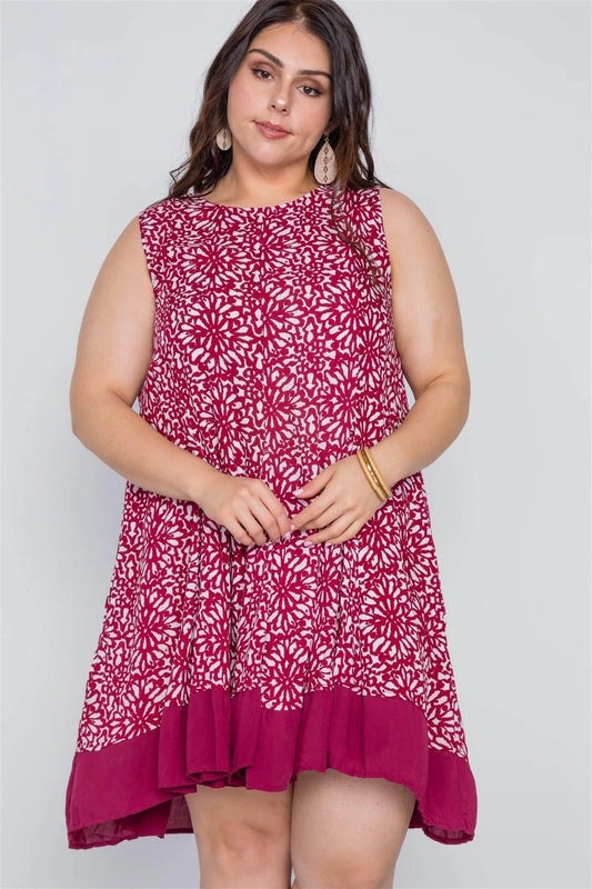 Junior Plus Size Red White Floral Sleeveless Boho Dress /2-2-2 - Tasha Apparel Wholesale