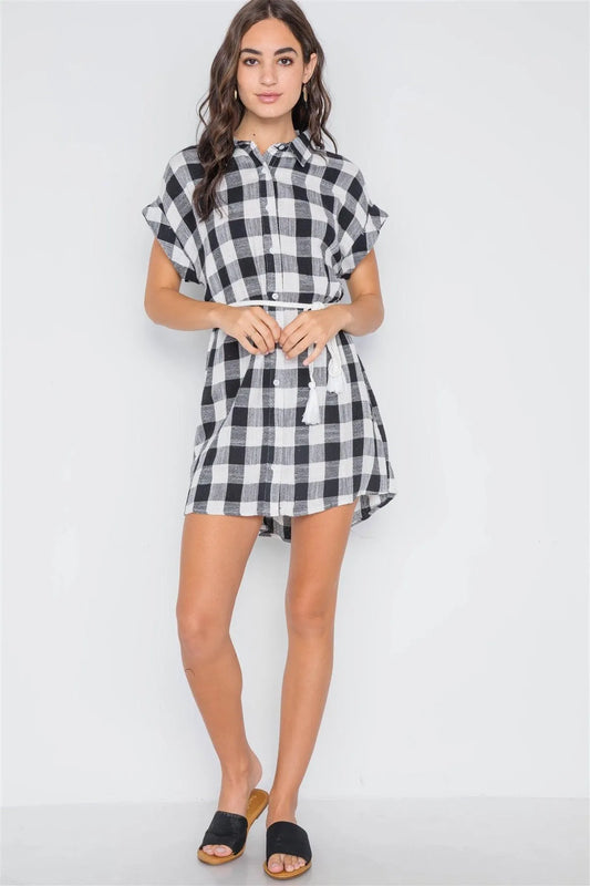 Black White Gingham Button Down Shirt Dress /2-1-1 - Tasha Apparel Wholesale