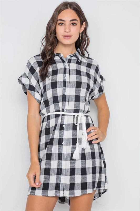 Black White Gingham Button Down Shirt Dress /3-2-1 - Tasha Apparel Wholesale