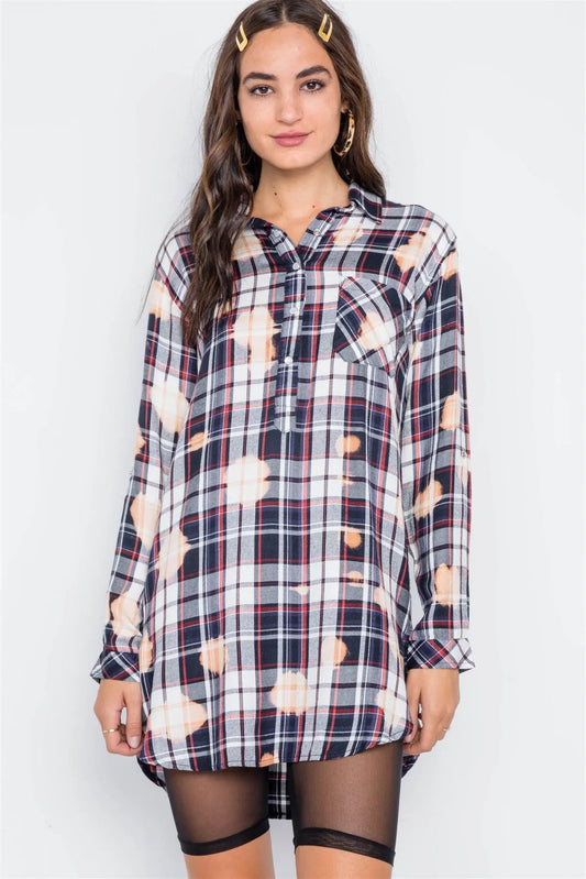 Navy PlaidLong Sleeve Bleach Dye Top /3-2-1 - Tasha Apparel Wholesale