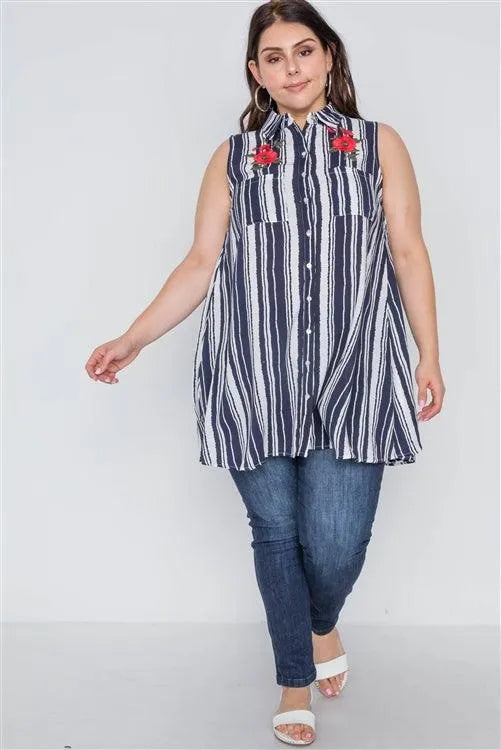 Plus Size Navy White Stripe Sleeveless Shirt Dress - Tasha Apparel Wholesale