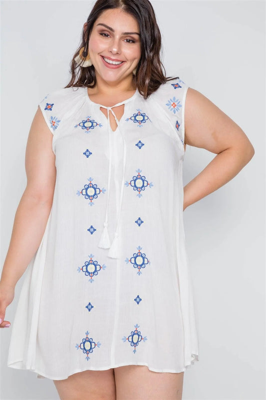 Junior Plus Size Off White Floral Embroidery Mini Dress /2-2-2 - Tasha Apparel Wholesale