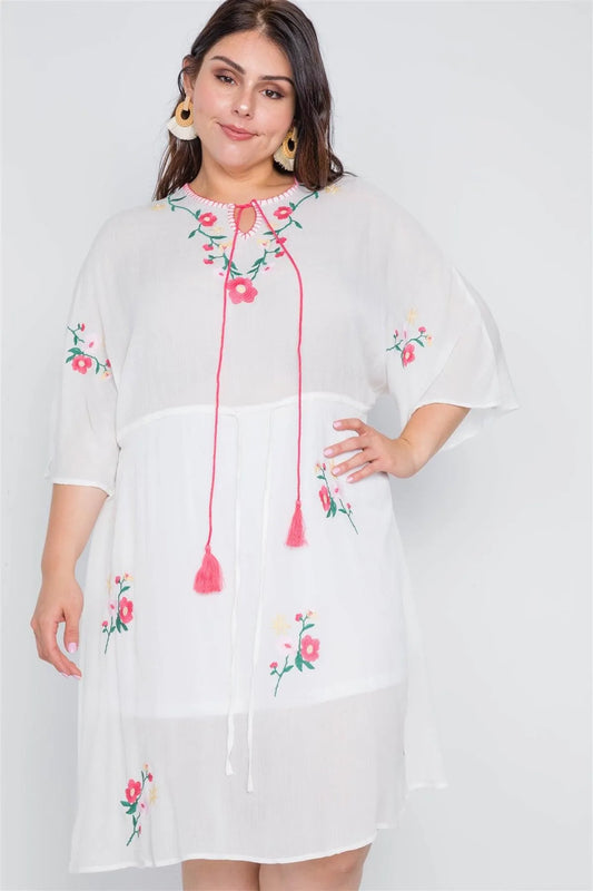 Junior Plus Size Off White Floral Embroidery Midi Dress /2-2-2 - Tasha Apparel Wholesale