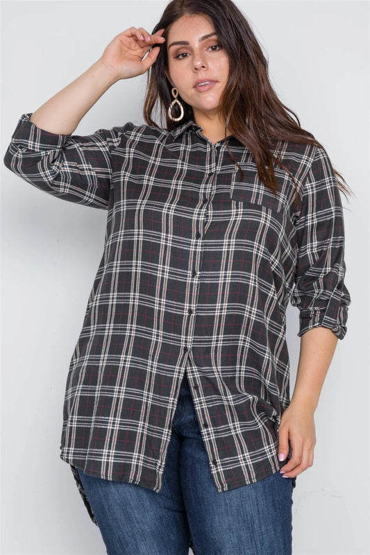 Junior Plus Size Green Taupe Plaid Long Sleeve Top /2-2-2 - Tasha Apparel Wholesale