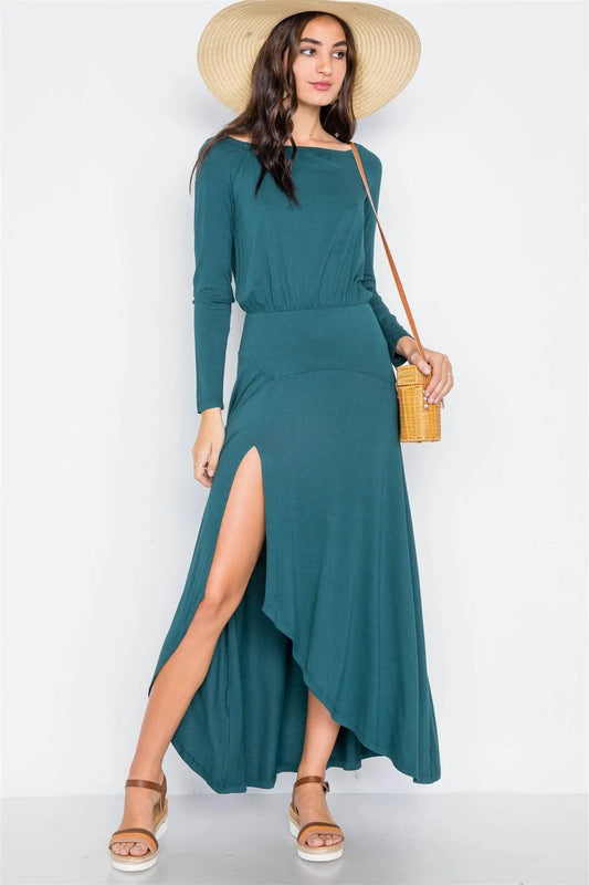 Green Solid Long Sleeve Side Slit Maxi Dress /2-2-2 - Tasha Apparel Wholesale