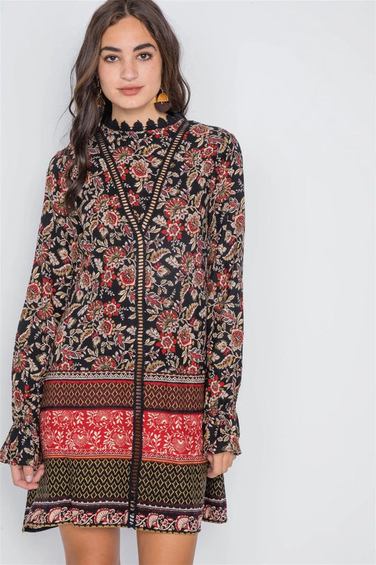 Black Floral Print Crochet Trim Mini Dress /2-2-2 - Tasha Apparel Wholesale
