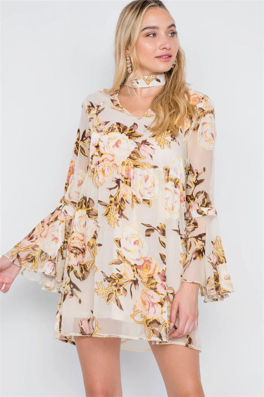 Cream Blush Velvet Floral Bell Sleeve Dress /2-2-2 - Tasha Apparel Wholesale