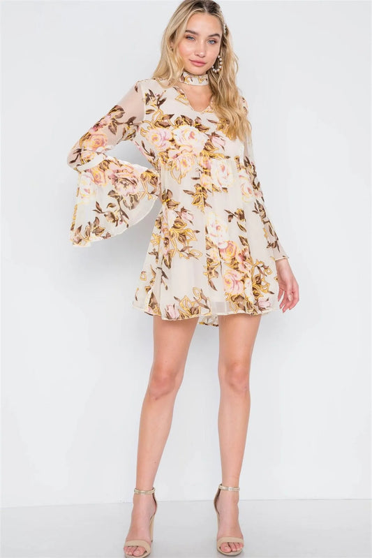 Cream Blush Velvet Floral Bell Sleeve Dress /3-2-2 - Tasha Apparel Wholesale