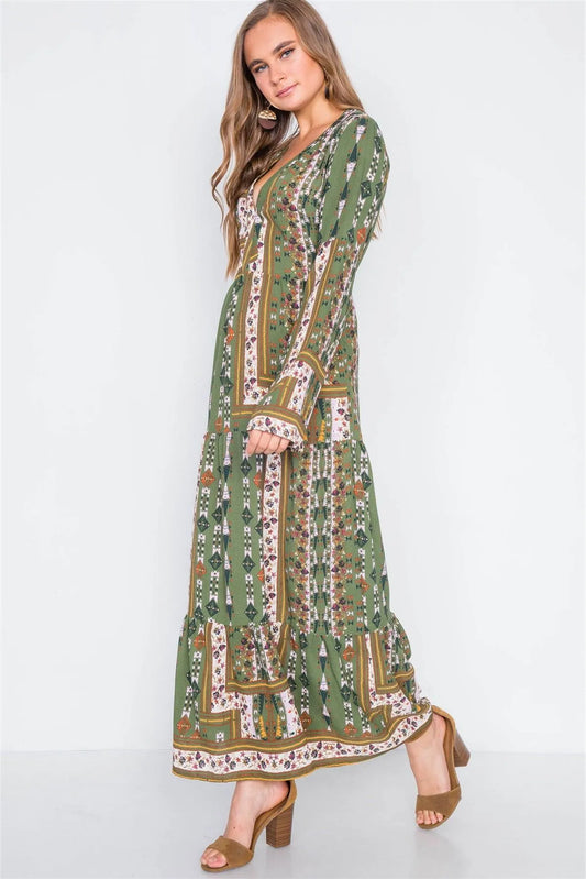 Multi Olive V-Neck Long Sleeve Maxi Boho Dress /1-2-2 - Tasha Apparel Wholesale