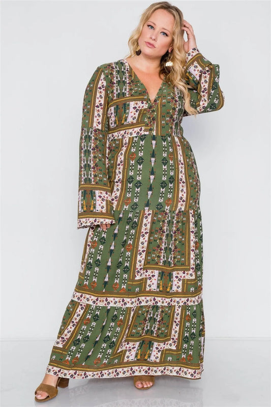 Plus Size Multi Print V-Neck Long Sleeve Maxi Dress - Tasha Apparel Wholesale
