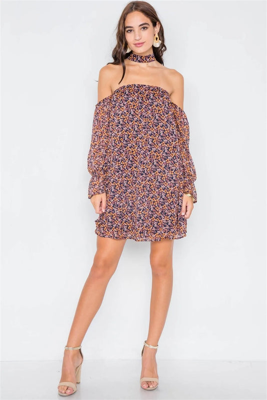 Navy Mustard Floral Print Sheer Mini Dress /2-2-2 - Tasha Apparel Wholesale