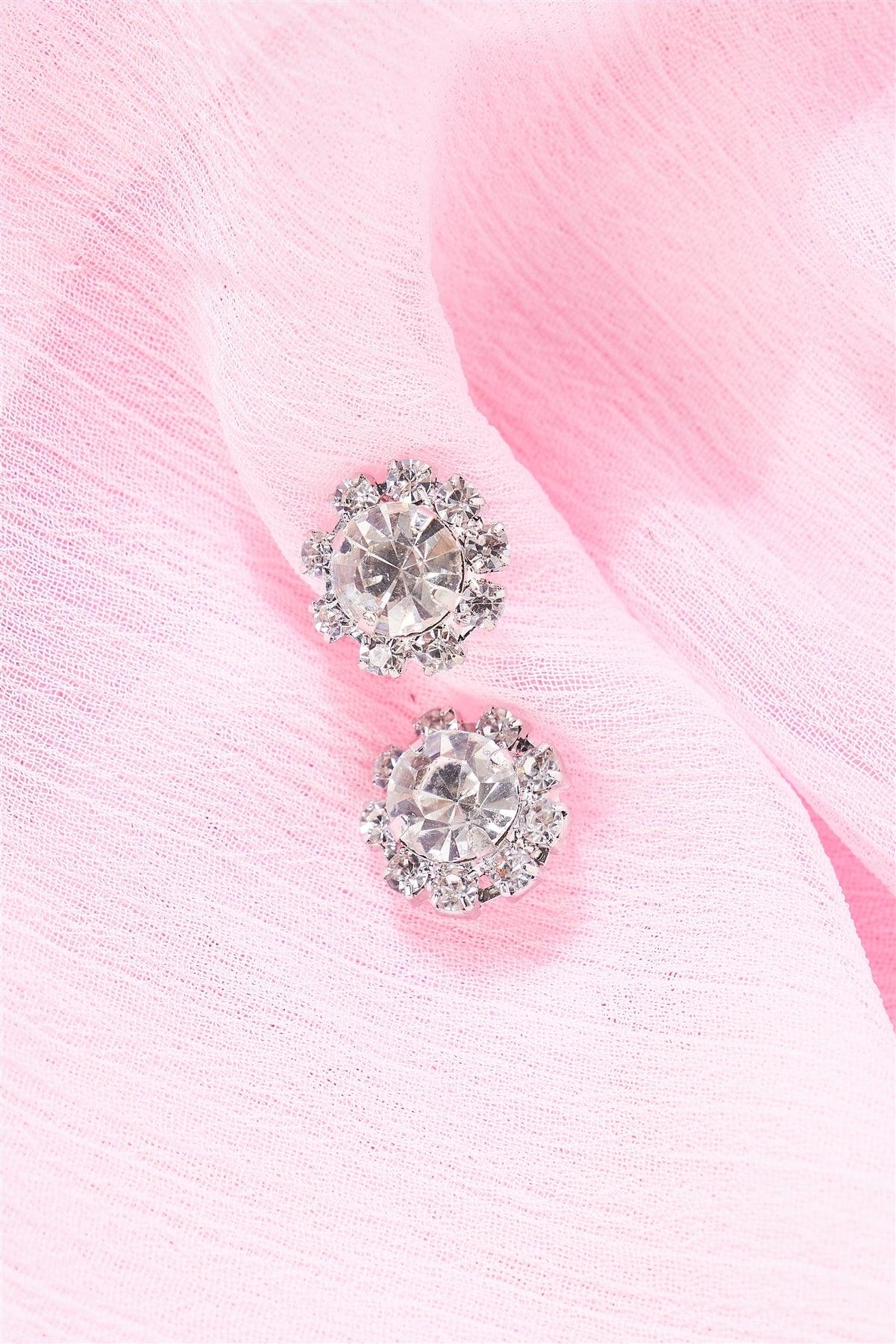 Silver Diamond Incrusted Carnation Stud Earrings /3 Pairs