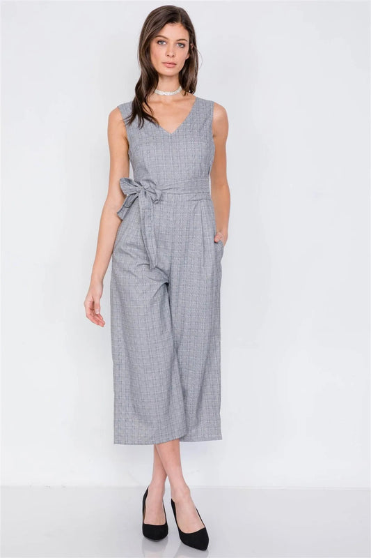 Grey Plaid Print Ankle Gaucho Wrap Back Jumpsuit /3-1-1 - Tasha Apparel Wholesale